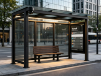 Abri de bus extérieur avec écran d'information sur les transports de 55 pouces, toit en verre, éclairage LED, caméra CCTV, banc en bois pour la ville