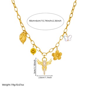 European American <b>Light</b> Luxury Winged Cross Pendant Gold Plated Stainless Steel Necklace With Flower <b>Leaf</b> Smiley Charm - Product Image 4