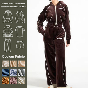 Survêtement <span class=keywords><strong>en</strong></span> velours de coton de haute qualité Ensemble 2 pièces Sweats à capuche et joggings avec double fermeture éclair et logo personnalisé pour femmes - Product Image 1