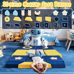 Ensemble de canapés modulaires pour enfants avec motif étoile et lune, meubles en mousse bleus et jaunes pour les tout-petits et les enfants, salle de jeux - Product Image 4