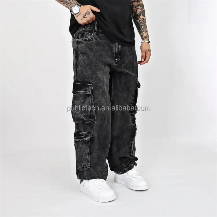 الجملة الصانع الأسود مخصص شعار تصميم مفيد جيب مستقيم الساق سروال غسول حمضي جينز شنطة بجيوب جانبية