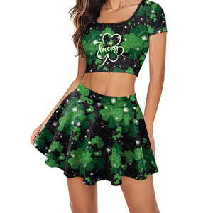 Custom Carnival Two Piece Outfit <strong>St</strong> <strong>Patricks</strong> <strong>Day</strong> Clover Printed Crop Top and Skirt Wholesale Women Irish Festival Traje Green - Product Image 1
