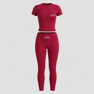 Conjunto Deportivo al por Mayor para <span class=keywords><strong>Mujer</strong></span>, 2 Piezas, Top Corto de Manga Corta con Pantalones Cortos o Leggings o Pantalones Acampanados a la Cintura Alta, con Logotipo Personalizado - Product Image 2