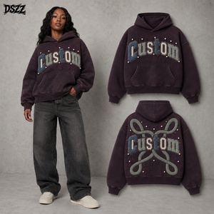 Sudadera con Capucha de 450GSM 100% Algodón, Corte Holgado, Lavado Vintage, Apliques de Chenilla, Perlas y Diamantes de Imitación, Fabricante de Ropa Urbana de Lujo Personalizada, OEM ODM - Product Image 3