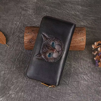 Dompet Fashion Portabel Mewah Unisex Kulit Asli Motif Hewan Desain Kucing Penutup Ritsleting Tempat Kartu Multi-Slot