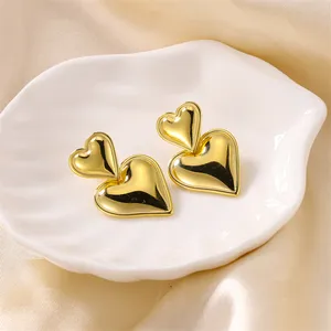 18K Stainless Steel Gold Silver Plated Smooth Love Drop Trendy Double Heart Earring