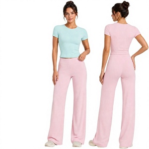 Conjunto de Yoga de 2 Piezas para Mujer, Camiseta Corta de Manga Corta, Pantalones Anchos con Cintura Elástica, Transpirables, con Logotipo Frontal, Ropa Deportiva - Product Image 4