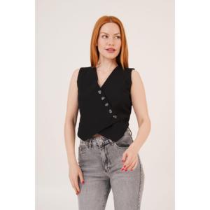 Chaleco Negro con Cuello en V y Botones para Mujer, Marca Lustrin, con Dobladillo Triangular, Tejido de Mezcla de Viscosa y Poliéster para Venta al Por Mayor - Product Image 1