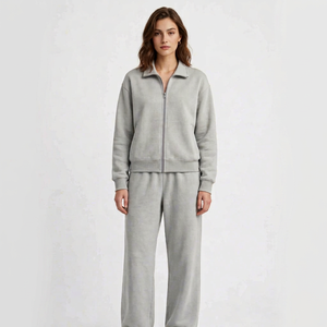 Women's Grey <b>2</b> <b>Piece</b> Casual <b>Set</b> Zip Up Turn Down Collar Sweatshirt <b>and</b> Long Pants - Product Image 1