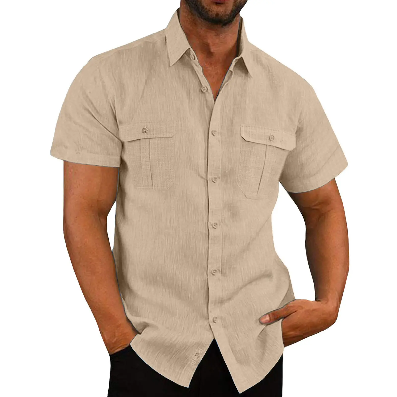 men's shirt double pocket cotton linen short sleeve casual vacation 7 colors Shirt