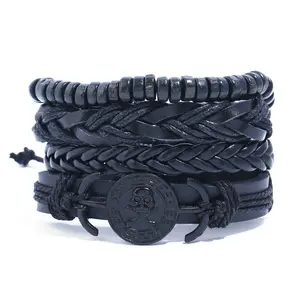 Wholesale Minimalist Vintage Pirate Skull Men's Braided Tribal Cuff Wristband Leather Wrap Bracelet Set For Men