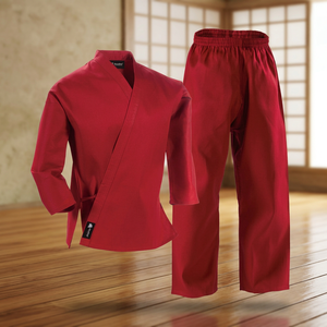 Tenues de Taekwondo pour adultes, rouge, polyester/coton, unisexe, légères, durables, anti-rétrécissement, logo gaufré sur le devant, 280g, entraînement - Product Image 2