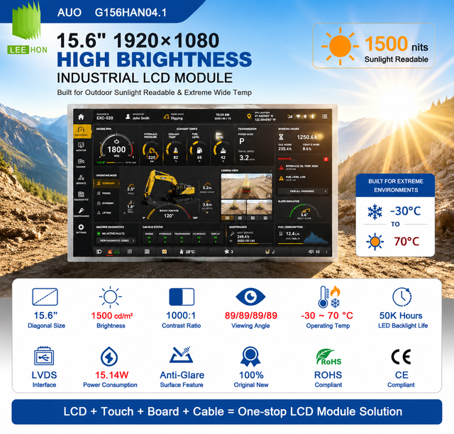 AUO G156HAN04.1 15.6 Inch FHD 1920x1080 High Brightness LVDS 30-Pin TFT LCD Module for Industrial Construction Machinery