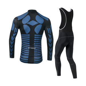Men Long Sleeve Blue Geometric Pattern Black <b>Cycling</b> Jersey Set with Black Padded Bib Shorts <b>Stand</b> Collar Full Zip for Team Club - Product Image 5