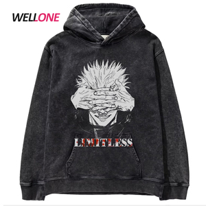 Felpa con Cappuccio Unisex Nera in Cotone con Stampa Digitale Personalizzata, Effetto Vintage Lavato, Pullover con Cartoni Animati, <span class=keywords><strong>Abbigliamento</strong></span> <span class=keywords><strong>Anime</strong></span> - Product Image 5
