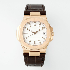 Montre mécanique en or rose pour hommes, bracelet en cuir de crocodile marron, lunette octogonale, cadran rayé blanc, affichage de la date, montre-bracelet de luxe - Product Image 1