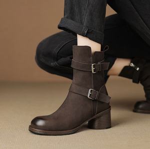 Women's Ankle Boots Pointed Toe Genuine Leather Upper ZIP Closure <b>Rubber</b> Outsole <b>Block</b> Heel High Heel All Seasons - Product Image 6