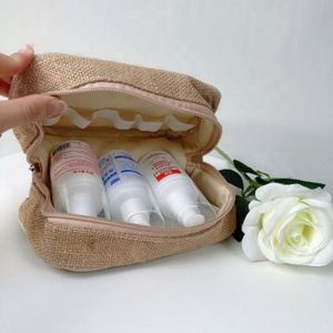 Bolsa de cosméticos de Material de lino con logotipo Bolsa De yute cosmética bordada Tropical regalo ecológico Luxy neceser cosmético - Product Image 6