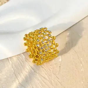 Vintage hot selling mesh woven hollowed out diamond inlaid luxury titanium steel plated with 18k gold women's ring