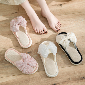 Bow Knotted Open Polyester <b>Slippers</b> for Women Indoor Summer Home Breathable Fashionable Soft Sole Adult Size Standard Thickness - Product Image 4