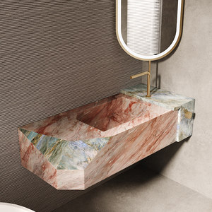 Lavabo de Pared Integrado de Piedra de Lujo <span class=keywords><strong>Rosa</strong></span>, Mueble de Baño con Lavabo, Lavamanos Personalizado - Product Image 1