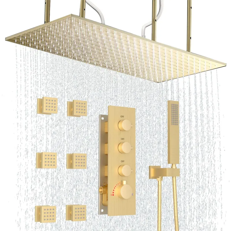 Shower System Luxury 3 Functions Brushed gold Thermostatic Large Rainfall Shower Set With 6 Body Jets