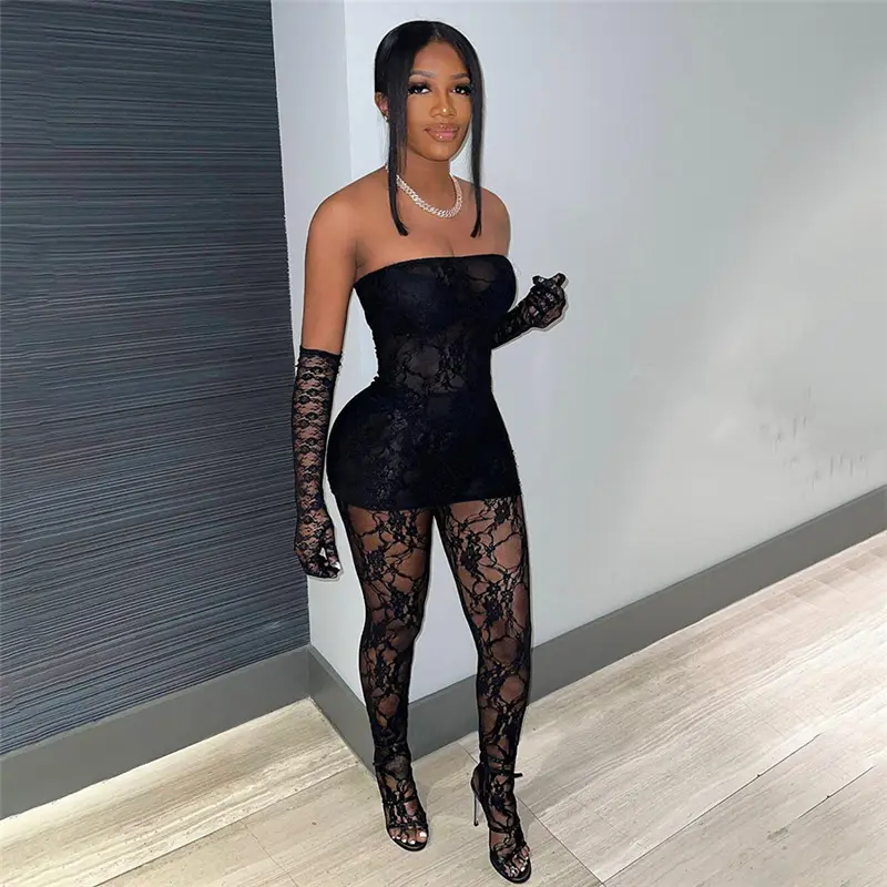 Black Two Piece Sexy Lace Sheer Bodycon Women Black Lace Hollow Out Off Shoulder Sleeveless Clubwear See Through 2Pcs Partywear