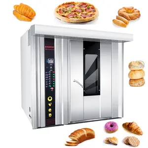 Professional Commercial Hot Air Rotary Bread Baking Rack Oven Bakery With 4 Trolley 64 Trays 32 Pans Rotary Oven