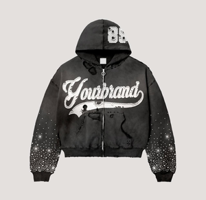 Factory Winter Vintage Sunfaded Washed Thick Cotton <b>Hoodies</b> Custom Distressed Embroidery Men Regular Fit Zip Rhinestone Hoodie - Product Image 4