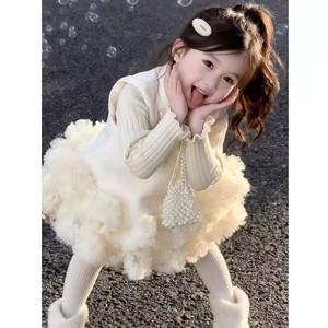 Girls Autumn Winter Warm Sweater With Puffy Princess Skirt Two Piece Set Off White Cotton Thickening Solid Color - Product Image 1