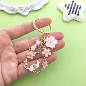 Pink Cherry Blossom Cat <b>Keychain</b> Zinc Alloy Round Fashion Jewelry Accessory For Creative DIY Gifts - Product Image 2