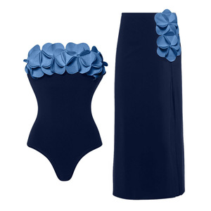 2026 Women 2 Piece <b>Swimsuit</b> Set <b>Strapless</b> Bandeau Monokini With 3D Flower and Side Slit Long Cover Up Skirt Wholesale Beachwear - Product Image 3