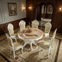 Ensemble de table à manger en marbre de style rococo français, chaises en bois massif sculptées à la main, revêtement en cuir capitonné, meubles de salle à manger rotatifs pour la maison