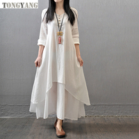 TONGYANG Robe Longue Femme Vintage en Coton et Lin, Boutonnage Simple, Ample et à Poches, Une Pièce, Décontractée, Grandes Tailles