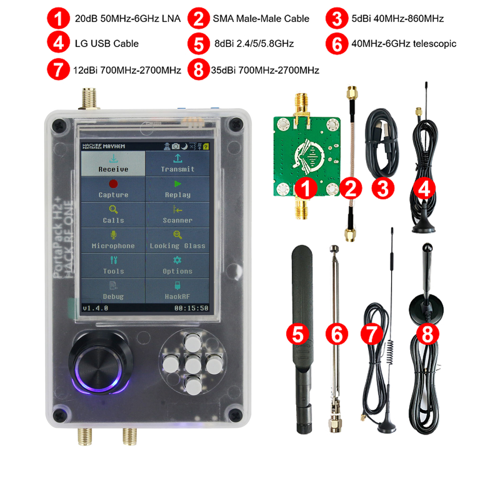 Upgraded PortaPack H2 +  Assembled HackRF One SDR Radio Receiver with Plastic Shell 3.2" LCD Antennas