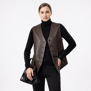 Gilet court décontracté vintage en cuir d'agneau non couché marron moka pour <span class=keywords><strong>femme</strong></span>, coupe-vent, col en V, en polyester - Product Image 3