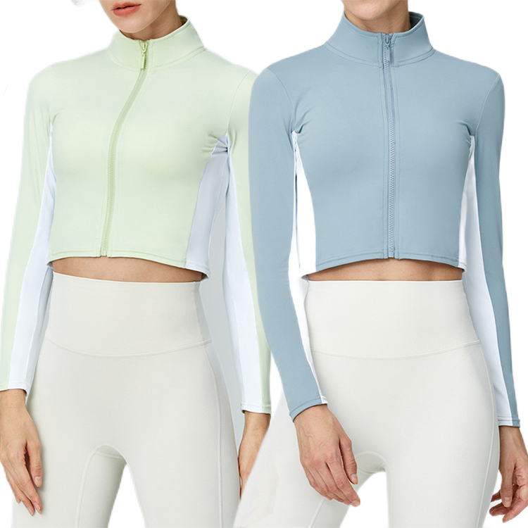 Stand Collar Yoga Zipper Top Women's Color Contrast Slim Long Sleeve Zip up Jacket Women Zip Crop Top