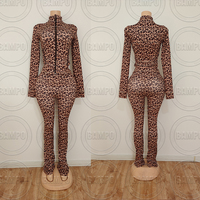 Ensemble deux pièces personnalisé imprimé léopard rose pour femmes, vêtements Y2K, survêtements pour femmes, veste à capuche zippée et pantalon évasé