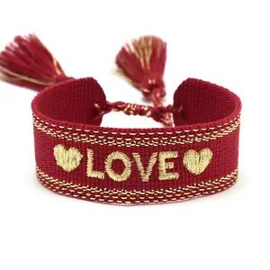 Bracelet brodé en polyester tissé avec logo personnalisé, réglable, fait main, Bohème, breloque tissu, amitié, lettre d'amour, pompon