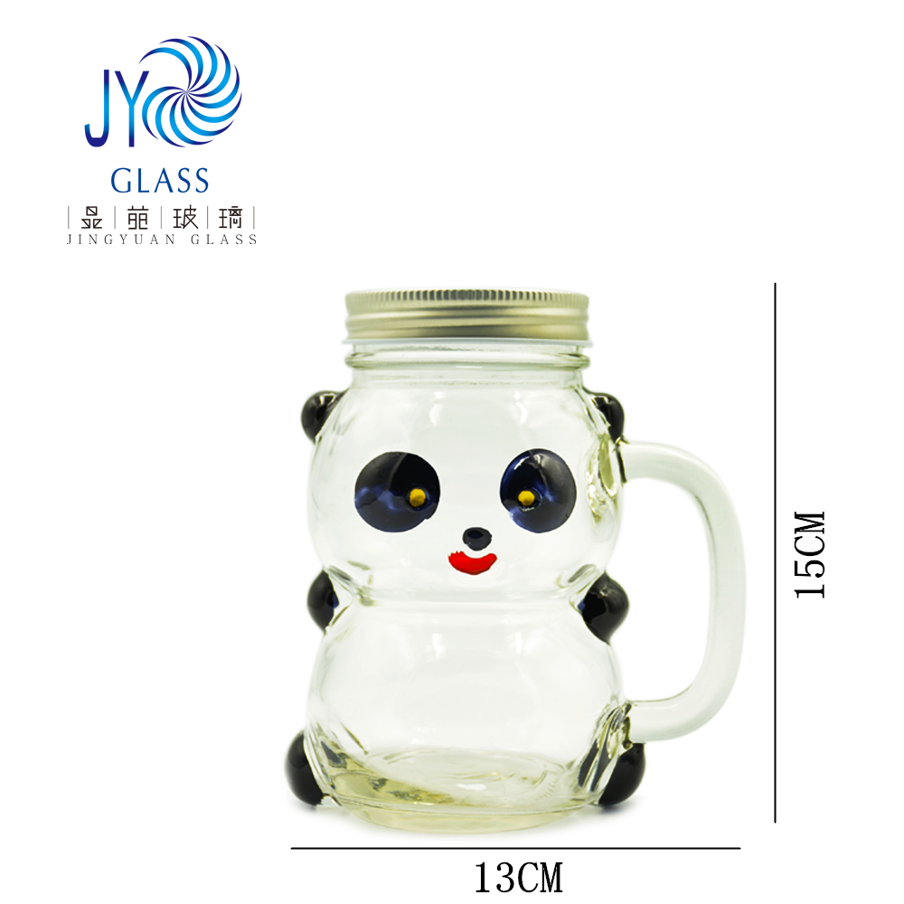Cute Panda Bear Shaped Metal Lid Straw Iced Milk Tea Coffee Beverage Glass Jar Mug for Home Use