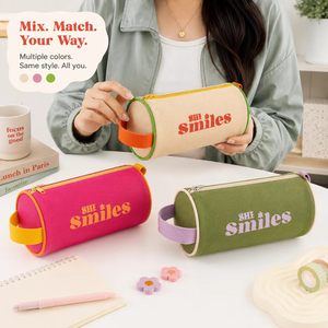 Estuche Redondo Reutilizable de Lona para Lápices con Asa, Bolsa con Cremallera Personalizada con Bloques de Color para Cosméticos, Papelería y Viajes - Product Image 1