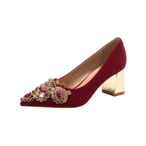 <b>Red</b> Wedding Shoes Women Heeled Sandals Chunky <b>Heel</b> Pointed Toe Rhinestone Decorated Elegant Slip-On Comfort Mid <b>Heel</b> 6555H-007 - Product Image 5