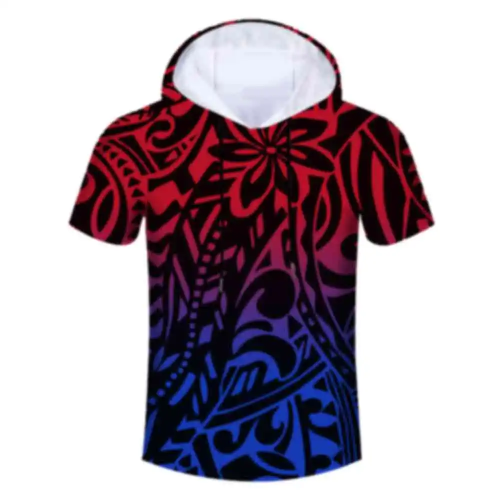 True Size 7xl Promotional Price Polynesian Samoan Tribal Pattern Design Elei Printing Streetwear Short Sleeved Hoodie Top