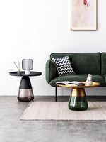 Table basse en verre vert avec plateau en métal