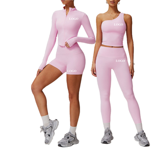 Conjunto de Yoga Asimétrico de Un Hombro, Leggings de Cintura Alta y Largo Completo, Sin Costuras, 2 Piezas, Color Negro Sólido, Spandex y Poliéster, Ropa Deportiva - Product Image 1