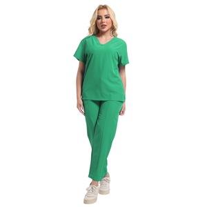 HZMNOI Women's Scrub Suit Set Green V-Neck Short Sleeve Moisture Wicking Hospital Uniforms - Product Image 3