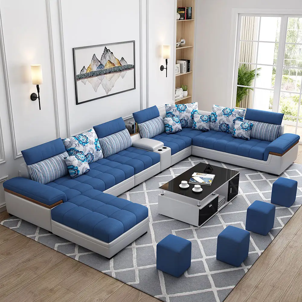 Cheap Modern Design Leather Sectional Furniture Living Room Sofa Bed Fabric Blue 7 Seater Sofa Set Furniture Living Room Sofas