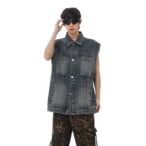 Gilet <span class=keywords><strong>en</strong></span> <span class=keywords><strong>jean</strong></span> décontracté unisexe style rétro américain pour l'été, coupe ample, grandes poches, logo, polyvalent, <span class=keywords><strong>sans</strong></span> manches, col <span class=keywords><strong>en</strong></span> V, effet délavé - Product Image 3