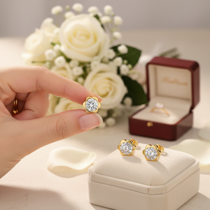 White and Yellow <b>Gold</b> Plated 18K 6mm Floral Design Fine Stud <b>Huggie</b> Earrings with Diamond CZ Zircon Stone for Engagement - Product Image 3