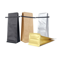 Sachet de café à fond plat en gros avec valve et fermeture à boucle, pochette à huit soudures latérales en papier kraft noir mat pour emballage alimentaire